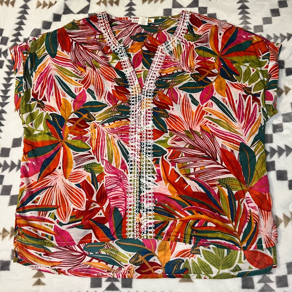 C & C California Tunic Top Beachy Boho Floral Oversized Embroidered Cotton Sz L